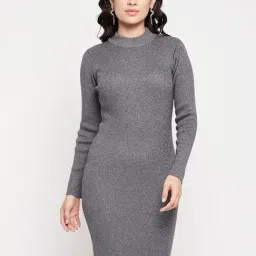 MADAME Grey Cotton Blend Textured Bodycon Dress-image-23