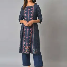 W Blue Floral Print Straight Kurta-image-61