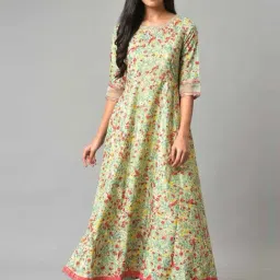 W Green Floral Print A Line Kurta-image-31