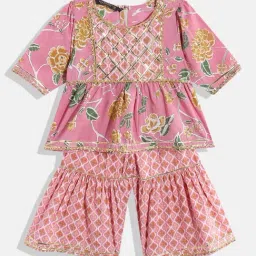 READIPRINT FASHIONS Kids Pink Floral Print Kurti with Sharara-image-34