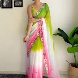 Saree Mall Green Embellished Sarees With Unstitched Blouse-image-99