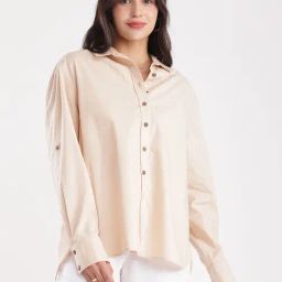 Fablestreet Beige Linen Relaxed Fit Oversized Shirt-image-22