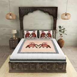 JaipurFabric Peach Cotton 254 TC Royal Sawari Super King Size Bedsheet with 2 Pillow Covers-10