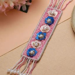 Aatmana Blue & Gold Flower Studed & Pink Beaded Silver-toned Handcrafted Bracelet-16