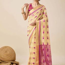 Satrani Cream & Rani Pink Cotton Silk Woven Saree With Unstitched Blouse-image-49