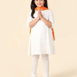 Fabindia Kids White & Orange Solid Kurta, Churidar with Dupatta-image-2