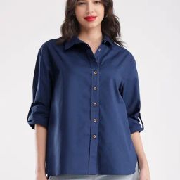 Fablestreet Navy Linen Relaxed Fit Oversized Shirt-image-40