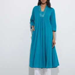 Utsa by Westside Turquoise Mirror Work Cotton A-Line Kurta-14