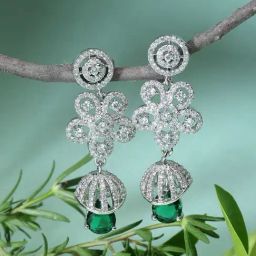 Zeneme Rhodium Plated Green AD Dome Teardrop Shaped Jhumka Earrings-23