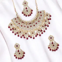 Anouk Gold-Plated And Red Kundan Studded And Beaded Necklace With Earrings And Maang Tikka-12