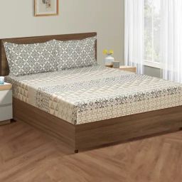 Swayam Dona Abstract Beige & Grey 200 TC Cotton King Bedsheet with 2 Pillow Covers-image-85