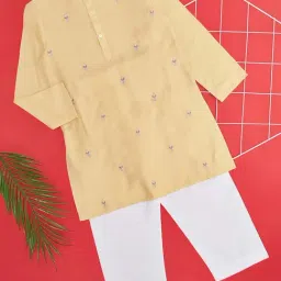 Indus Route by Pantaloons Kids Honey Mustard & White Embroidered Full Sleeves Kurta Set-image-57