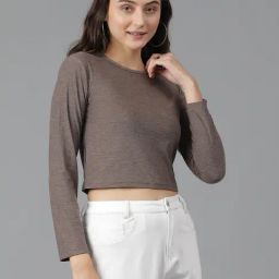 Kotty Brown Textured Crop T-Shirt-image-60