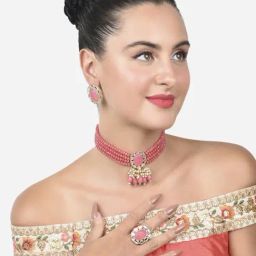 Zaveri Pearls Pink Stones Multistrand Beaded Choker Necklace Earring & Ring Set-ZPFK15148-31