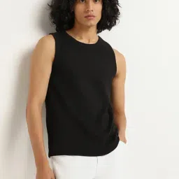 Nuon by Westside Black Ribbed Slim Fit T-Shirt-image-4