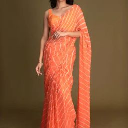 Zari Jaipur Orange Striped Saree Without Blouse-image-39