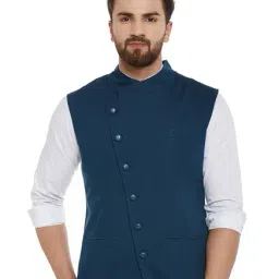 Hypernation Dark Blue Cotton Sleeveless Jacket-image-4