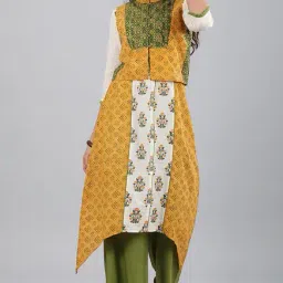 Aurelia Yellow & Green Band Neck Printed Cotton Gilet-46