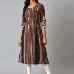 W Brown Printed A Line Kurta-image-95