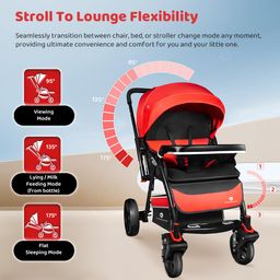 StarAndDaisy Pram For Baby Boy 0 To 5 Year/Strollers For 0 To 3 Years With Double Comfort Cushion/Stroller For Baby With Reversible Handle, 5-Point Safety Belt & Detachable Food Tray., Clossal-Red image 2