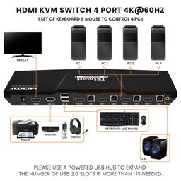 BuyTESmart 4-Port KVM HDMI 2.0 Video Switch - 4K@60Hz, QHD@144Hz - Audio Output & USB Sharing - 4x1 for PC, Laptop, Gaming Console, TV image 3