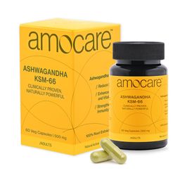Amocare Ashwagandha KSM66-500mg | Veg Capsules (60) | World's Most Clinically Studied Ashwagandha | 100% Full Spectrum Root Extract | >5% Withanolides | Overall Well-being and Strength image 1