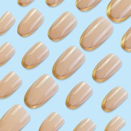 Kriga 24 Reusable Artificial Fake Nail Set| Peach Color With Golden Round On Tip Short Round Oval Shape Glossy Press On Nails| Lightweight & Long Lasting| Quick Fix For Festivals & Special Occasions image 4