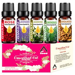Gwan Aroma Diffuser Oil/Essential oil for home fragrance/essential oil diffuser (Lemon Grass, Lavender, Jasmine, Rose, Sandal Wood), 10ml Each - Set of 5 image 1