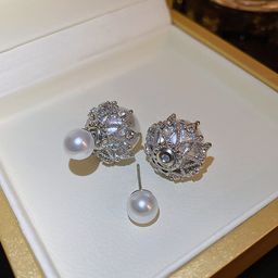 wiwpar Silver Post Double Sided Pearl Rhinestone Ear Stud Earrings Crystal Twisted Stud Earrings Double Sided Ball Earrings for Women Fashion Earrings Gifts, Silver Pearl image 5