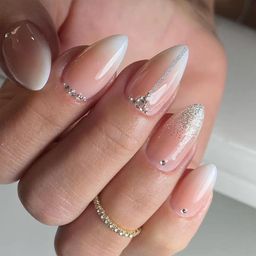 gloss & go 24 Reusable Artificial Fake Nail Set| Peach Color With Silver Zari And Rhinestone Design Almond Glossy Nails| Lightweight & Long Lasting| Quick Fix For Festivals & Special Occasions image 1