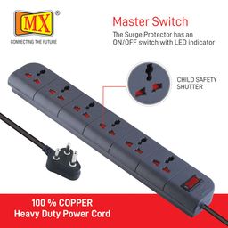 MX Spike Guard Surge Protector (2 pin - 3 pin Plug Socket) 6 Outlet Power Strip with Master Switch, Heavy Duty Power Cord | Extension Cord 1.5 mtr & Child Saftey Shutter Extension Board image 5