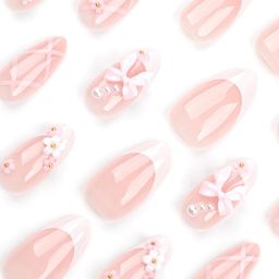Secret Lives Glossy Reusable Artificial Translucent Pink Color with 3D Bow & 3D Flower Design Press on nails 24 Pieces Set with Kit image 3