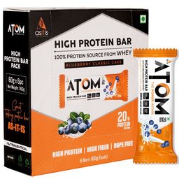 Asitis Nutrition Atom High Protein Bar | 20G Protein | Zero Transfat | Zero Added Sugar | Whey Protein Concentrate, Isolate & Hydrolysate As Protein Source | Pack Of 6 (60 Gram X 6) | Blueberry Cake image 1