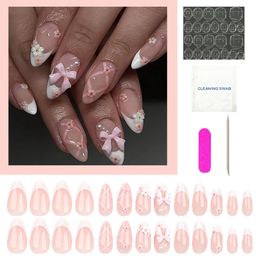 Secret Lives Glossy Reusable Artificial Translucent Pink Color with 3D Bow & 3D Flower Design Press on nails 24 Pieces Set with Kit image 5