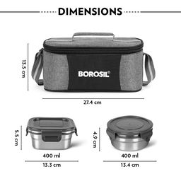 Borosil Feast Stainless Steel Lunch Box with Bag | Set of 4 (400 ml x 2 Square + 400 ml x 2 Round) | Tiffin Box for Office, School & College image 2