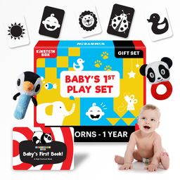 Einstein Box Gift Set for Babies and Newborns ages 0-3-6-9-12 Months | High Contrast Flash Cards for Visual Stimulation & Sensory Development | Gift Set of Rattles and High Contrast Book & Flash Cards image 1