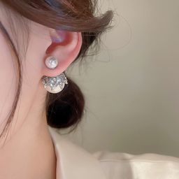 wiwpar Silver Post Double Sided Pearl Rhinestone Ear Stud Earrings Crystal Twisted Stud Earrings Double Sided Ball Earrings for Women Fashion Earrings Gifts, Silver Pearl image 2