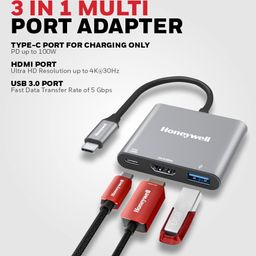 Honeywell High-Speed 3-in-1 Type C to HDMI Adapter, PD Charging Upto100W, USB3.0 Delivers Quick Transfer Speed of 5GBPS, UHD 4K@30Hz, Universally Compatible with All Type C Devices, Aluminium Case image 2