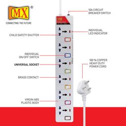 MX Extension Board with Individual Switch – Multi Plug Socket with 6 Universal Socket Power Strip with Safety Shutter & Indicator, Circuit Breaker Protection Spike Guard 10A Extension Board, 3 MTR image 3