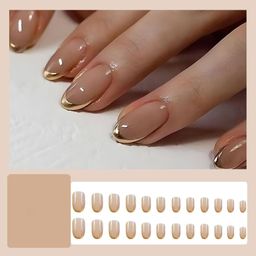 Kriga 24 Reusable Artificial Fake Nail Set| Peach Color With Golden Round On Tip Short Round Oval Shape Glossy Press On Nails| Lightweight & Long Lasting| Quick Fix For Festivals & Special Occasions image 2