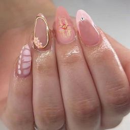 Secret Lives Glossy Reusable Artificial Pink Color with Flower Snake Art & 3D Pearls Design Press on nails 24 Pieces Set with Kit image 1