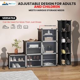 WeCool SR-B12 Upgraded Shoe Rack for Home Plastic, Portable Shoe Rack with Dustproof Door for Heels/Slippers/Boots, 12-layer Shoe Storage Cabinet with Hooks for Entryway or Bedroom - Black image 4