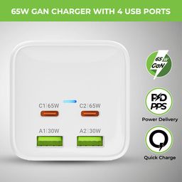 UltraProlink 6 in 1 65W PD GaN Fast Charger Multi Port station |2 Type-C (PD),2 USB-A Ports & 2AC Sockets with Surge Protection|Higher Device Safety with ISI approved 2m Heavy Duty Cable|Power Qube 65 image 4