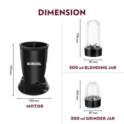 Borosil NutriFresh PB31 Mini-Blender and Grinder, 400W Power, 500ml Blending Jar, 300ml Chutney Jar, Ideal for Blending Smoothies & Chutneys, Grinding Spices Ideal for Home and Travel Use (Black) image 3