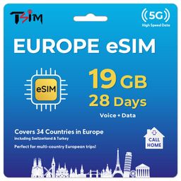 TSIM Europe Esim with 19GB Data 28 Days | Unlimited Local Calls | 100 Minutes Direct Dial to India | 5G Network image 1