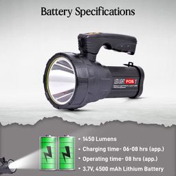 FOS Aluminum Led Search Light 15W, 1450 Lumens (Range 1 Km) with 4500 Mah Lithium Ion Battery - Multicolor-Functional Rechargeable Handheld Torch image 4