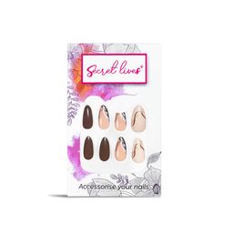 Secret Lives Reusable Artificial Almond shape Brown & Coffe color with Black Curve White Leaves & Golden Glitter Women's Designer Press on Nails with Kit image 5
