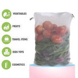 Beddify Set of 12 Reusable Fridge Storage Bags for Vegetables and Fruits Dual Layer Mesh Net Multipurpose Multi-Size Kitchen Storage Bags Organizer with Sturdy Zipper (White) image 4