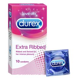 Durex Extra Ribbed Condoms for Men - 10 Count |Ribbed and Dotted for Extra Stimulation|Suitable for use with lubes & toys image 1