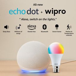 Amazon Echo Dot (5th Gen, White) Combo with Wipro 9W LED Smart Color Bulb image 1